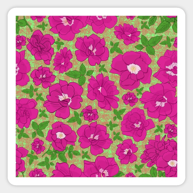 Retro Ramblin' Rose Pink and Green on Textured Green Repeat 5748 Sticker by ArtticArlo